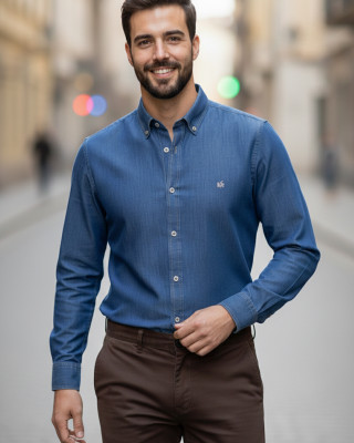 Nazef Premium %100 Pamuk Dokulu Düğme Yaka Mavi Erkek Gömlek