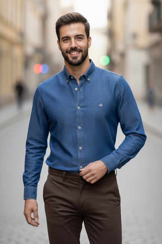 Nazef Premium %100 Pamuk Dokulu Düğme Yaka Mavi Erkek Gömlek
