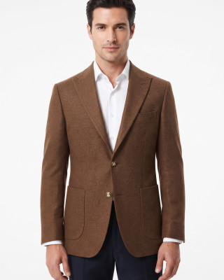 Nazef %80 Yün Gold Düğmeli Slim Fit Camel Erkek Kaşe Ceket 