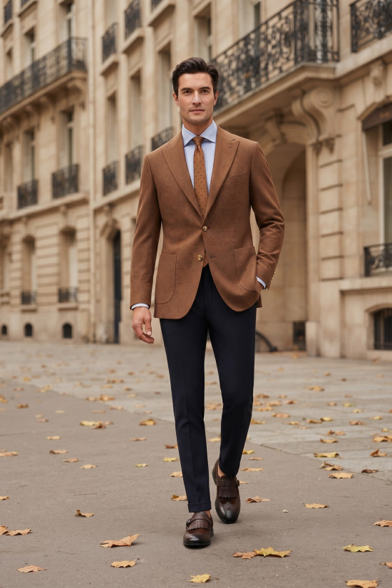 Nazef %80 Yün Gold Düğmeli Slim Fit Camel Erkek Kaşe Ceket 