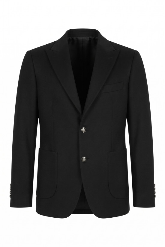 Nazef %80 Yün Gümüş Düğmeli Slim Fit Siyah Erkek Kaşe Ceket