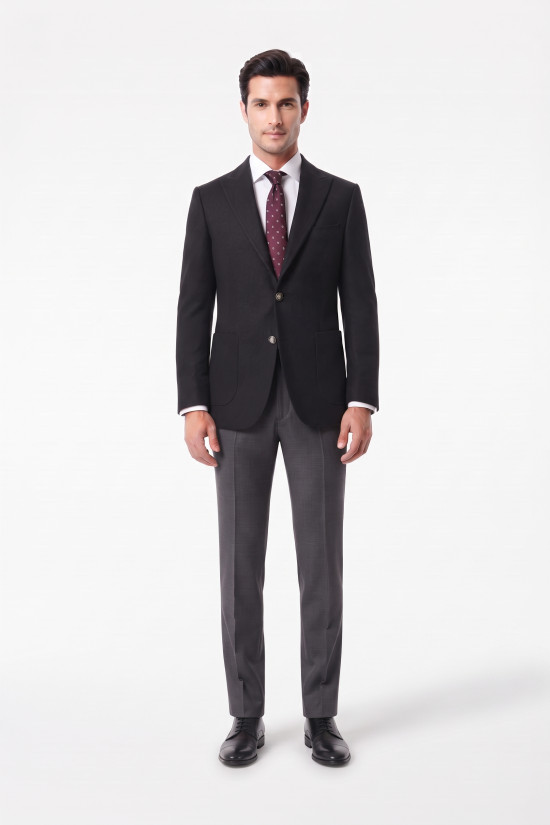 Nazef %80 Yün Gümüş Düğmeli Slim Fit Siyah Erkek Kaşe Ceket