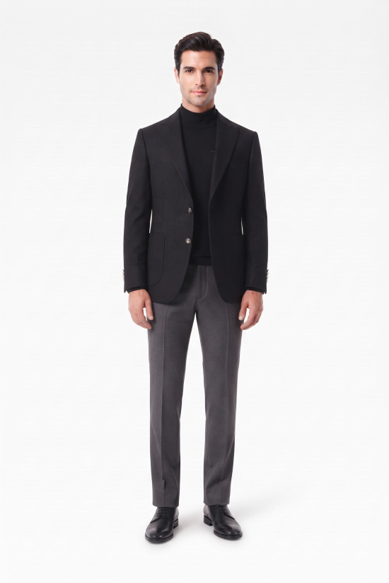 Nazef %80 Yün Gümüş Düğmeli Slim Fit Siyah Erkek Kaşe Ceket