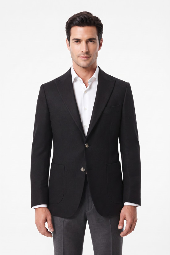 Nazef %80 Yün Gümüş Düğmeli Slim Fit Siyah Erkek Kaşe Ceket