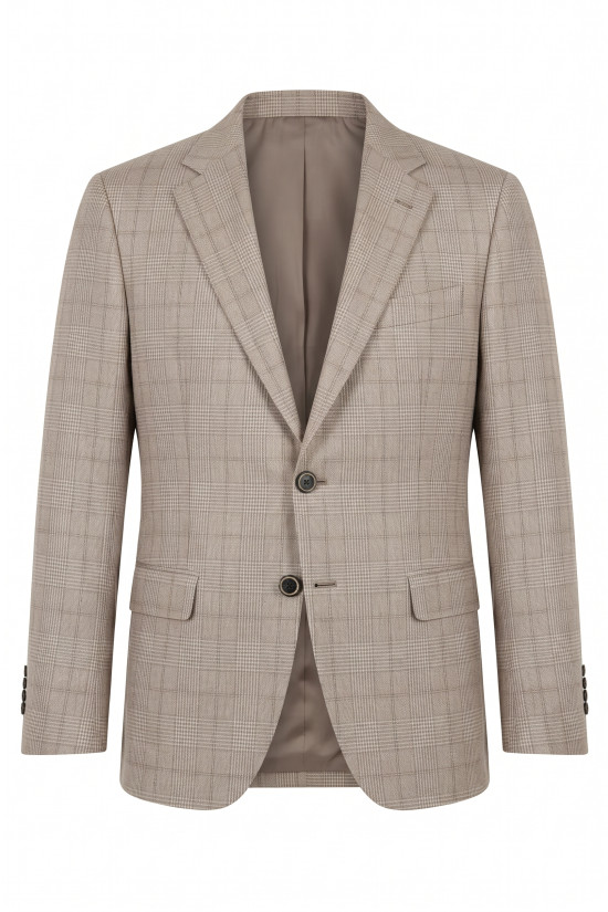 Nazef %80 Yün Regular Fit Bej Ekose Erkek Kışlık Ceket
