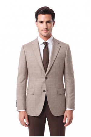 Nazef %80 Yün Regular Fit Bej Ekose Erkek Kışlık Ceket