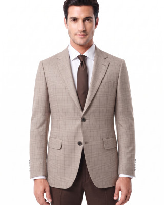 Nazef %80 Yün Regular Fit Bej Ekose Erkek Kışlık Ceket