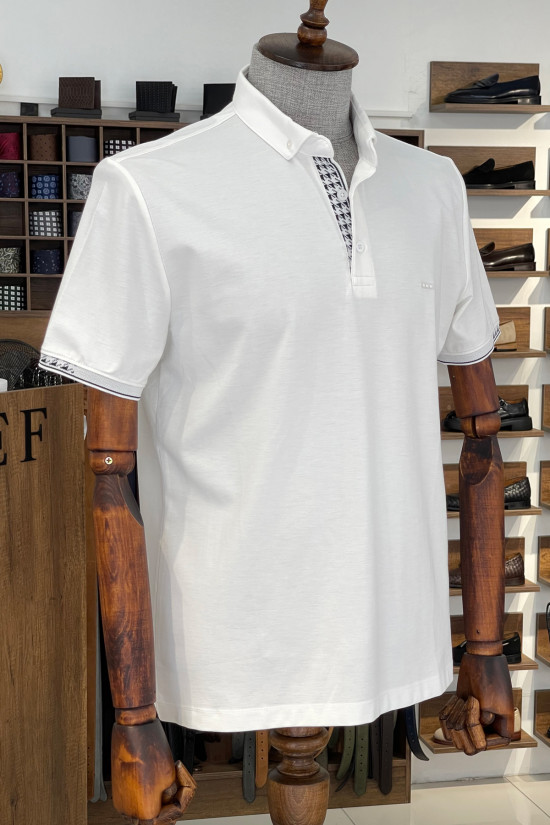 Nazef Dar Kesim İtalyan Yaka Düğmeli Beyaz Kısa Kollu T-Shirt 