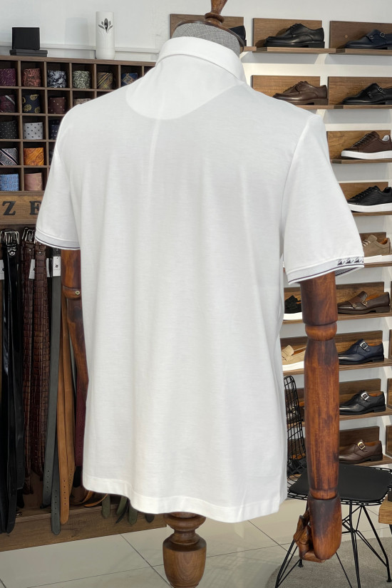 Nazef Dar Kesim İtalyan Yaka Düğmeli Beyaz Kısa Kollu T-Shirt 
