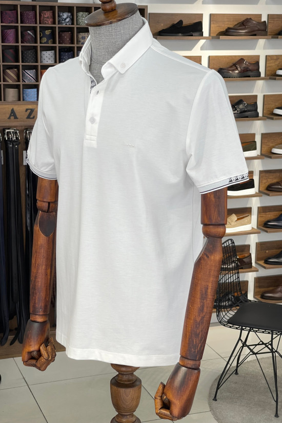Nazef Dar Kesim İtalyan Yaka Düğmeli Beyaz Kısa Kollu T-Shirt 