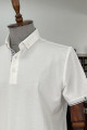 Nazef Dar Kesim İtalyan Yaka Düğmeli Beyaz Kısa Kollu T-Shirt 