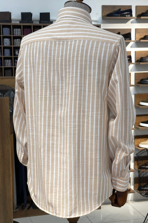 Nazef Regular Fit Keten Görünümlü Çizgili Bej Pamuk Gömlek 