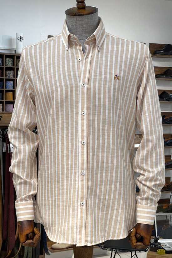 Nazef Regular Fit Keten Görünümlü Çizgili Bej Pamuk Gömlek 