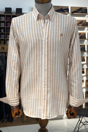 Nazef Regular Fit Keten Görünümlü Çizgili Bej Pamuk Gömlek 