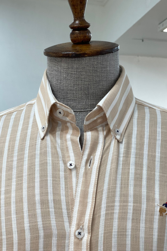 Nazef Regular Fit Keten Görünümlü Çizgili Bej Pamuk Gömlek 