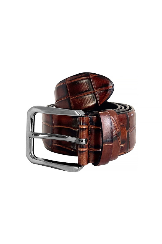 Nazef Özel Üretim Kroko Deri Kahverengi Kemer