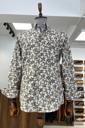 Nazef Dar Kesim Yüksek Kalite Desenli Pamuk Yeşil Gömlek