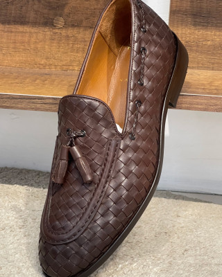 Nazef Özel Tasarım Kösele Taban Dana Astar Püsküllü Örgü Deri Kahverengi Loafer Ayakkabı