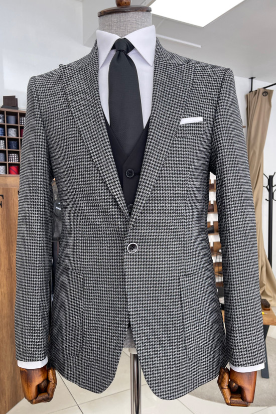 Nazef Dar Kesim Kazayağı Sivri Yaka Torba Cep Siyah Yün Ceket 