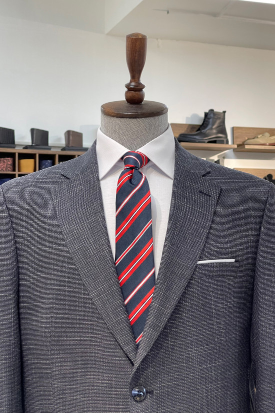 Nazef Rahat Kesim ( 4 DROP ) Kendinden Desenli Mono Yaka Keten Lacivert Ceket ( Büyük Beden )