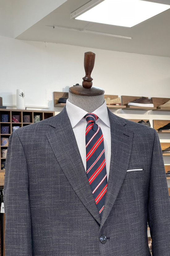 Nazef Rahat Kesim ( 4 DROP ) Kendinden Desenli Mono Yaka Keten Lacivert Ceket ( Büyük Beden )