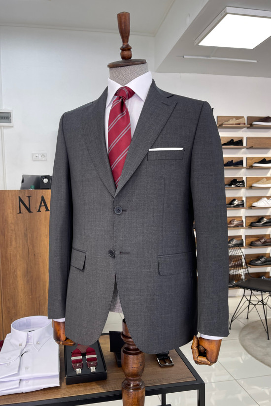 Nazef Dar Kesim Mono Yaka %44 Üstün İpek Yünü Koyu Gri Takım Elbise