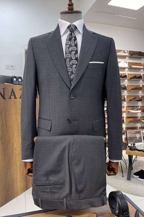 Nazef Dar Kesim Mono Yaka %44 Üstün İpek Yünü Koyu Gri Takım Elbise