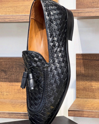 Nazef Özel Tasarım Kösele Taban Dana Astar Püsküllü Örgü Deri Siyah Loafer Ayakkabı