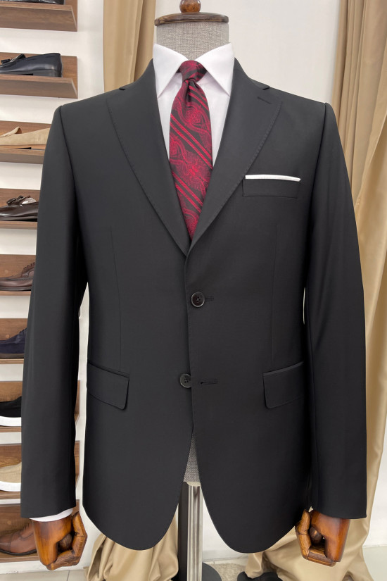 Nazef Dar Kesim Mono Yaka %44  Üstün İpek Yünü Siyah Takım Elbise