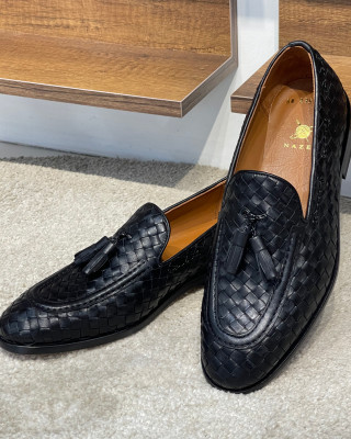 Nazef Özel Tasarım Kösele Taban Dana Astar Püsküllü Örgü Deri Siyah Loafer Ayakkabı