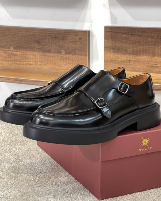 Nazef Özel Üretim Eva Taban Çift Toka Detaylı Açma Deri Siyah Günlük Ayakkabı 