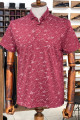 Nazef Dar Kesim Desenli İtalyan Yaka Bordo Kısa Kollu T-Shirt 