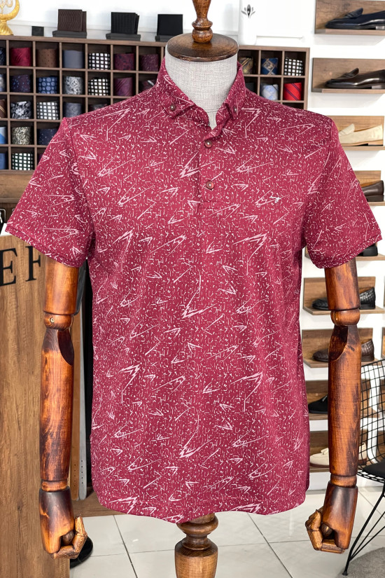 Nazef Dar Kesim Desenli İtalyan Yaka Bordo Kısa Kollu T-Shirt 