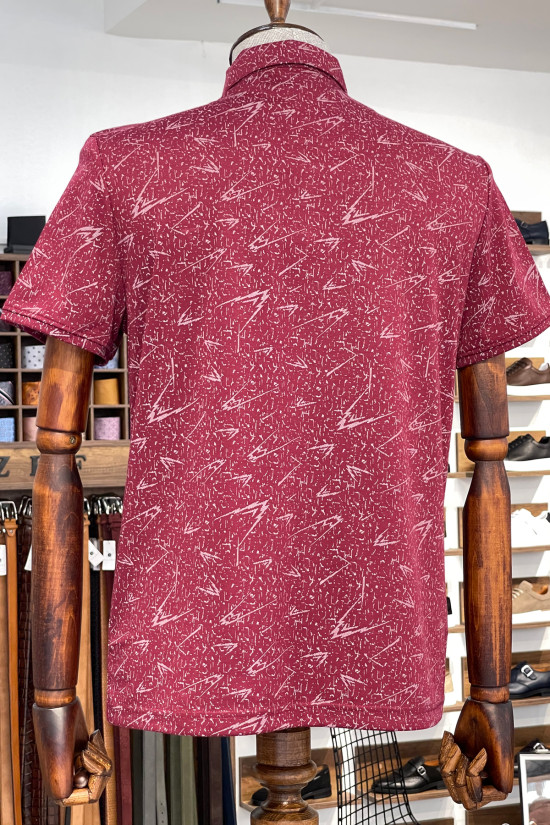 Nazef Dar Kesim Desenli İtalyan Yaka Bordo Kısa Kollu T-Shirt 