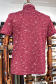 Nazef Dar Kesim Desenli İtalyan Yaka Bordo Kısa Kollu T-Shirt 
