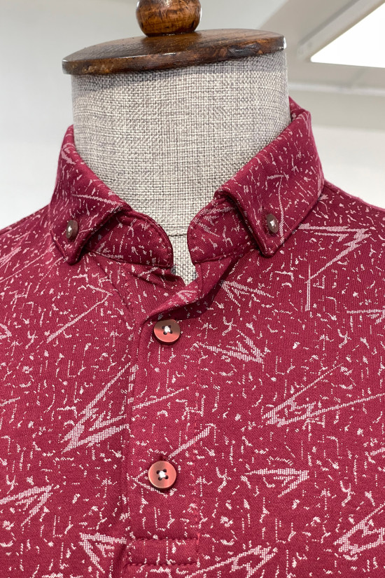 Nazef Dar Kesim Desenli İtalyan Yaka Bordo Kısa Kollu T-Shirt 
