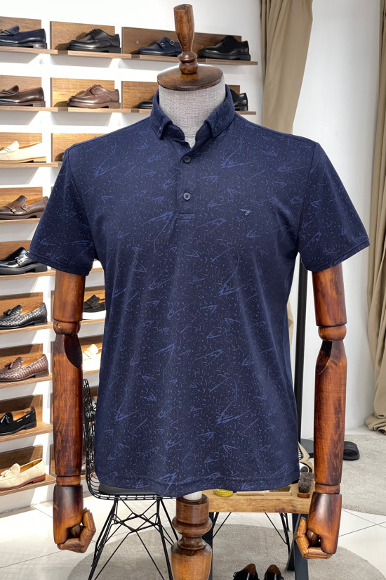 Nazef Dar Kesim Desenli İtalyan Yaka Lacivert Kısa Kollu T-Shirt 