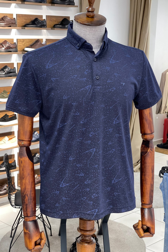 Nazef Dar Kesim Desenli İtalyan Yaka Lacivert Kısa Kollu T-Shirt 