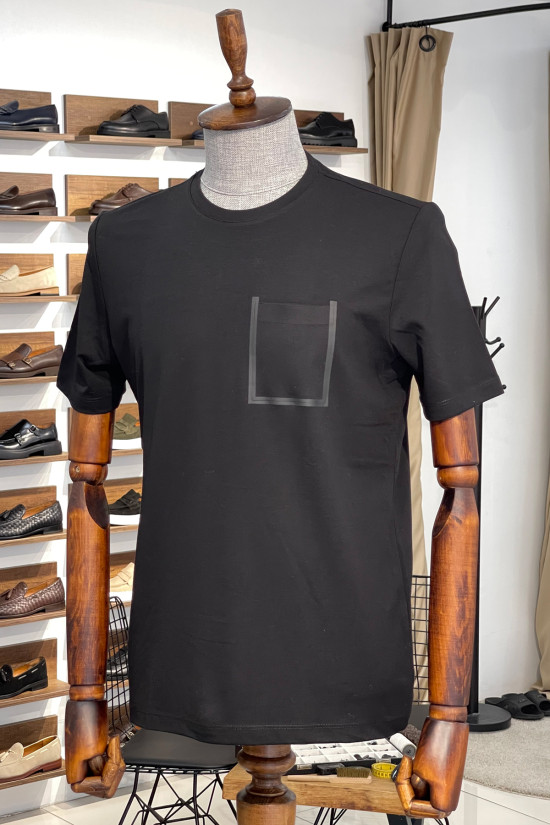 Nazef Dar Kesim Likralı Bisiklet Yaka Cep Detaylı Kısa Kollu Siyah T-Shirt 