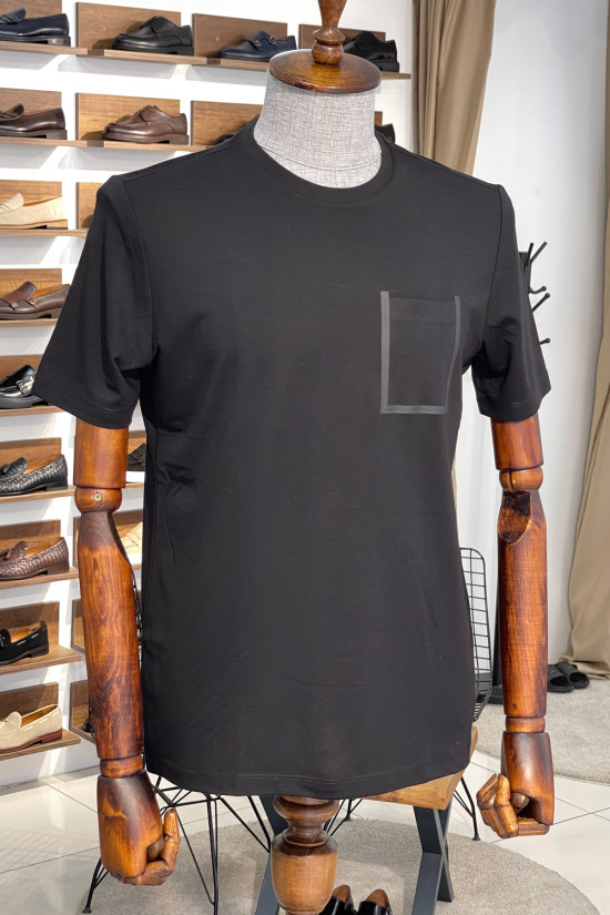 Nazef Dar Kesim Likralı Bisiklet Yaka Cep Detaylı Kısa Kollu Siyah T-Shirt 