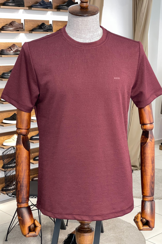 Nazef Dar Kesim Likralı Bisiklet Yaka Kısa Kollu Bordo T-Shirt 