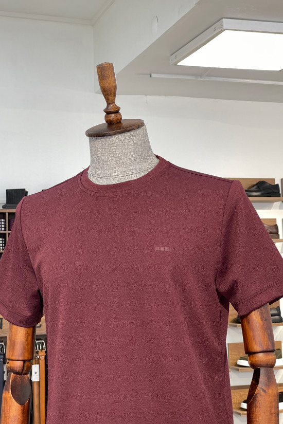 Nazef Dar Kesim Likralı Bisiklet Yaka Kısa Kollu Bordo T-Shirt 