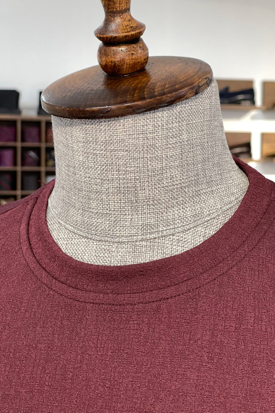 Nazef Dar Kesim Likralı Bisiklet Yaka Kısa Kollu Bordo T-Shirt 