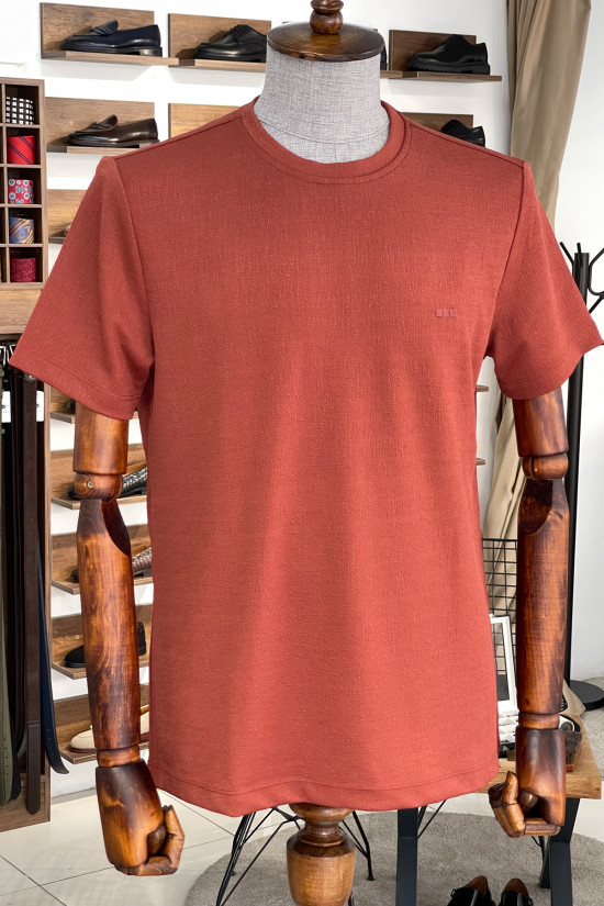 Nazef Dar Kesim Likralı Bisiklet Yaka Kısa Kollu Kiremit T-Shirt 