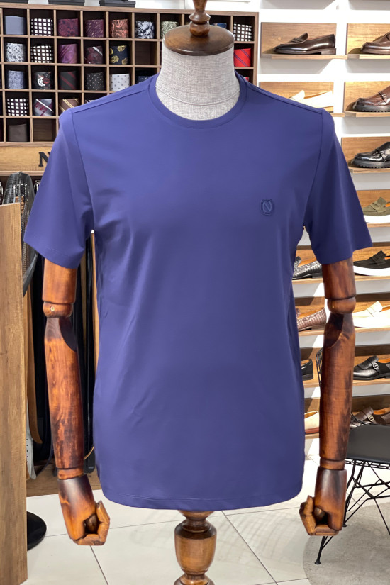Nazef Dar Kesim Likralı Bisiklet Yaka Kısa Kollu İndigo T-Shirt 