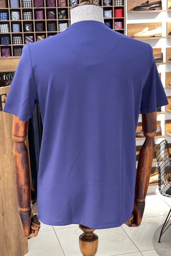 Nazef Dar Kesim Likralı Bisiklet Yaka Kısa Kollu İndigo T-Shirt 