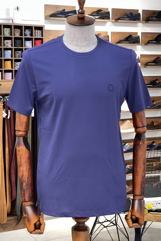 Nazef Dar Kesim Likralı Bisiklet Yaka Kısa Kollu İndigo T-Shirt 