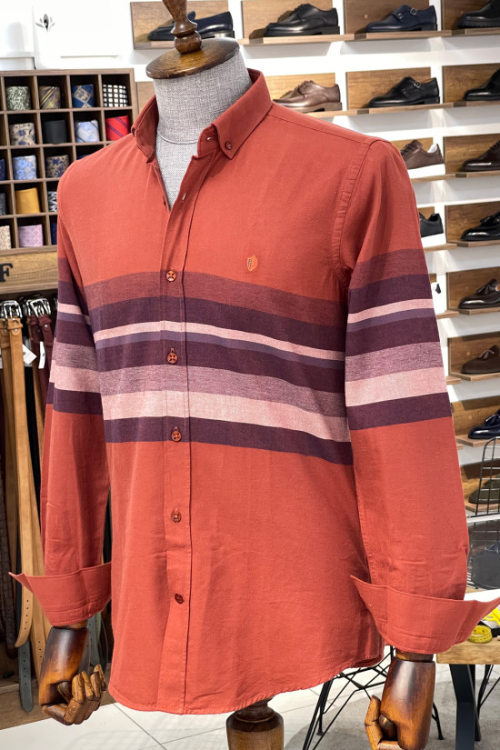 Nazef Dar Kesim Kiremit Çizgili Pamuk Gömlek 