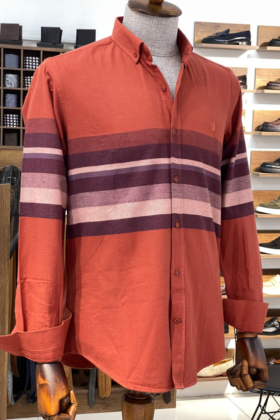 Nazef Dar Kesim Kiremit Çizgili Pamuk Gömlek 