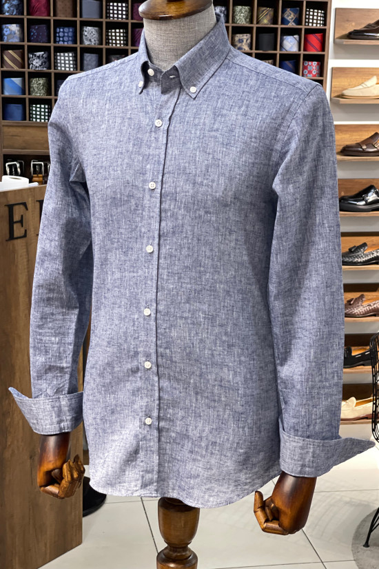 Nazef Dar Kesim Yüksek Kalite Düğme Yaka Pamuk Lacivert Gömlek 